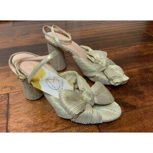 Loeffler Randall Platinum Bow Pleated Heel Strappy Sandals, Size 6